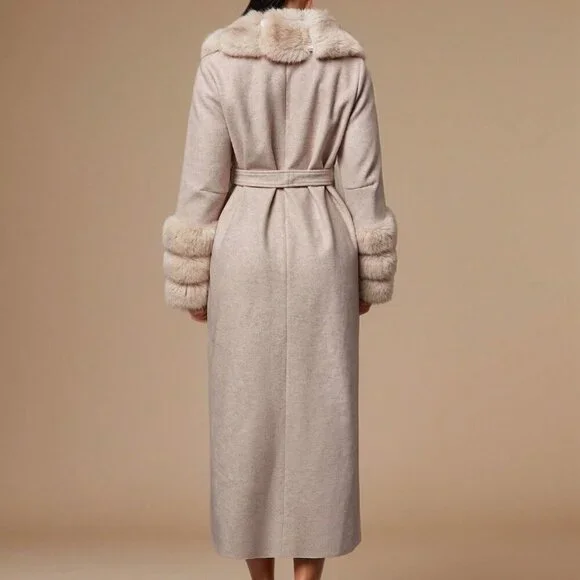 Khaki Elegant Womens Warm faux Fur trimmed belted Jacket Coat - Picture 2 of 7